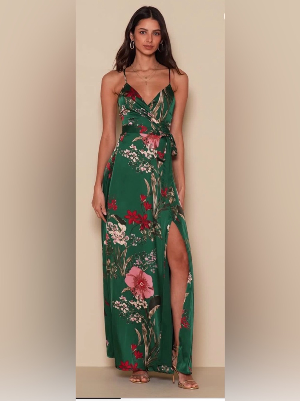 Lulu's Green Floral Wrap Maxi Dress with Pink & Red Blooms